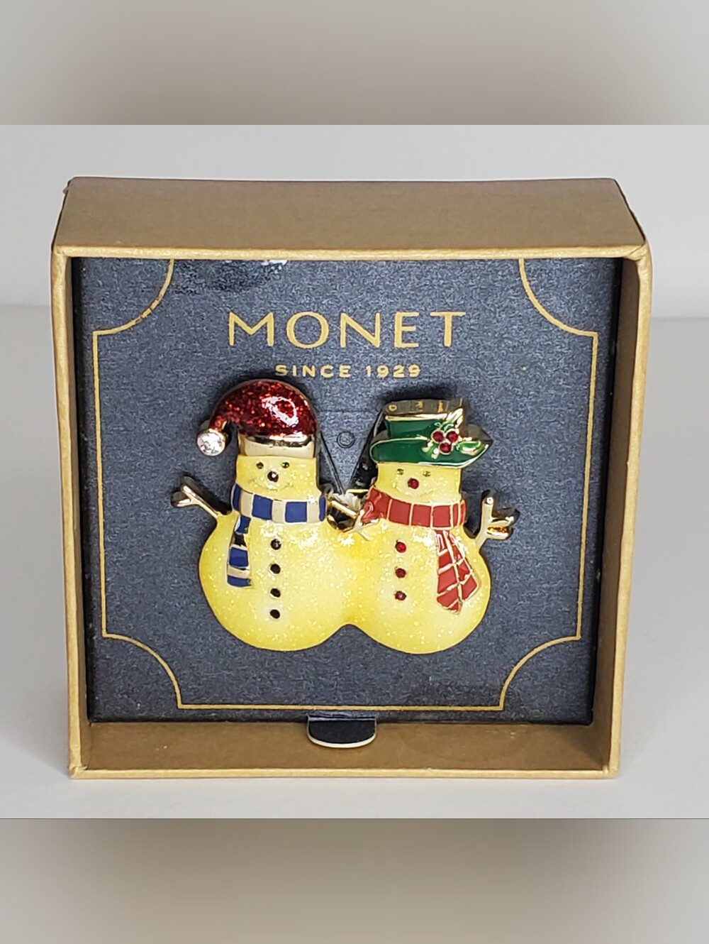 Vintage Monet Christmas Snowmen Couple Brooch Pin - New In Box